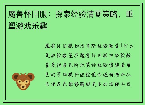 魔兽怀旧服：探索经验清零策略，重塑游戏乐趣